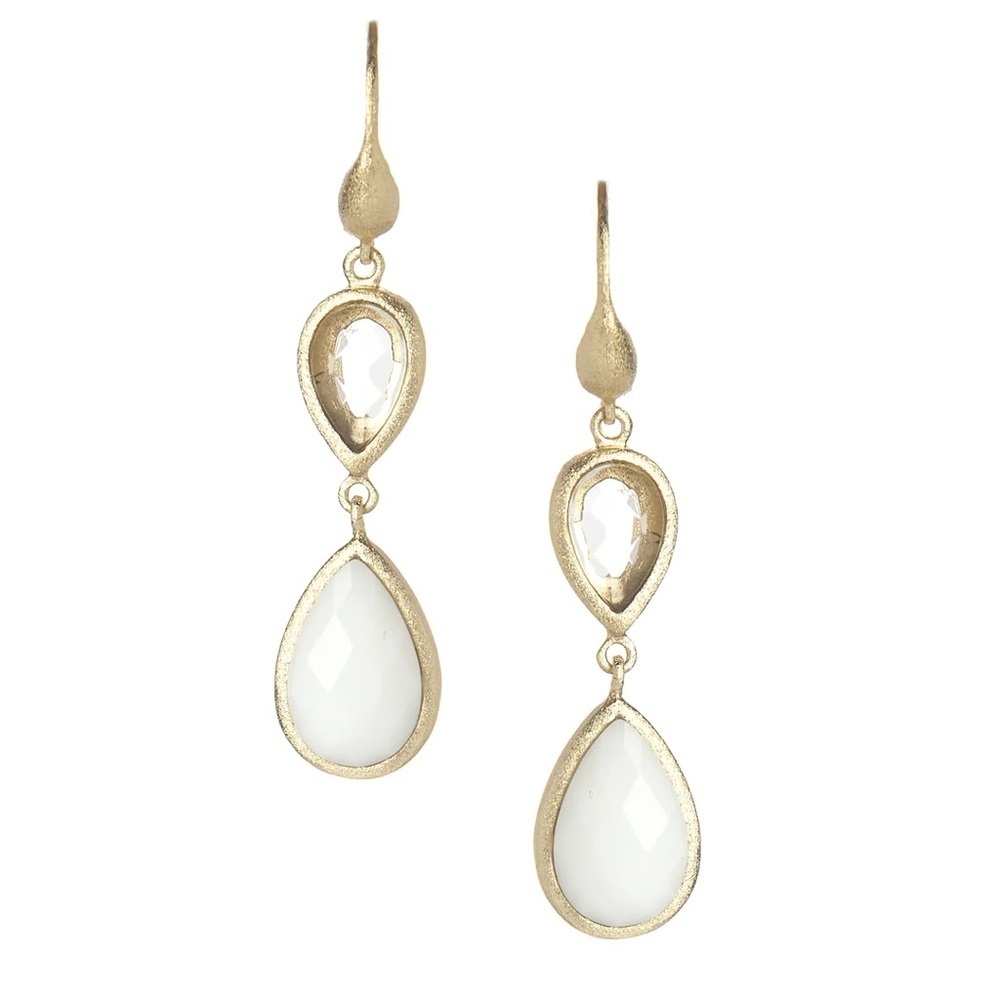 Rivka Friedman Rock Crystal & White Agate Double Dangle Teardrop Earrings NWOTS